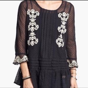 FREE PEOPLE Jocelyn Pleated Dot Ruffle Lace Black Tunic XS